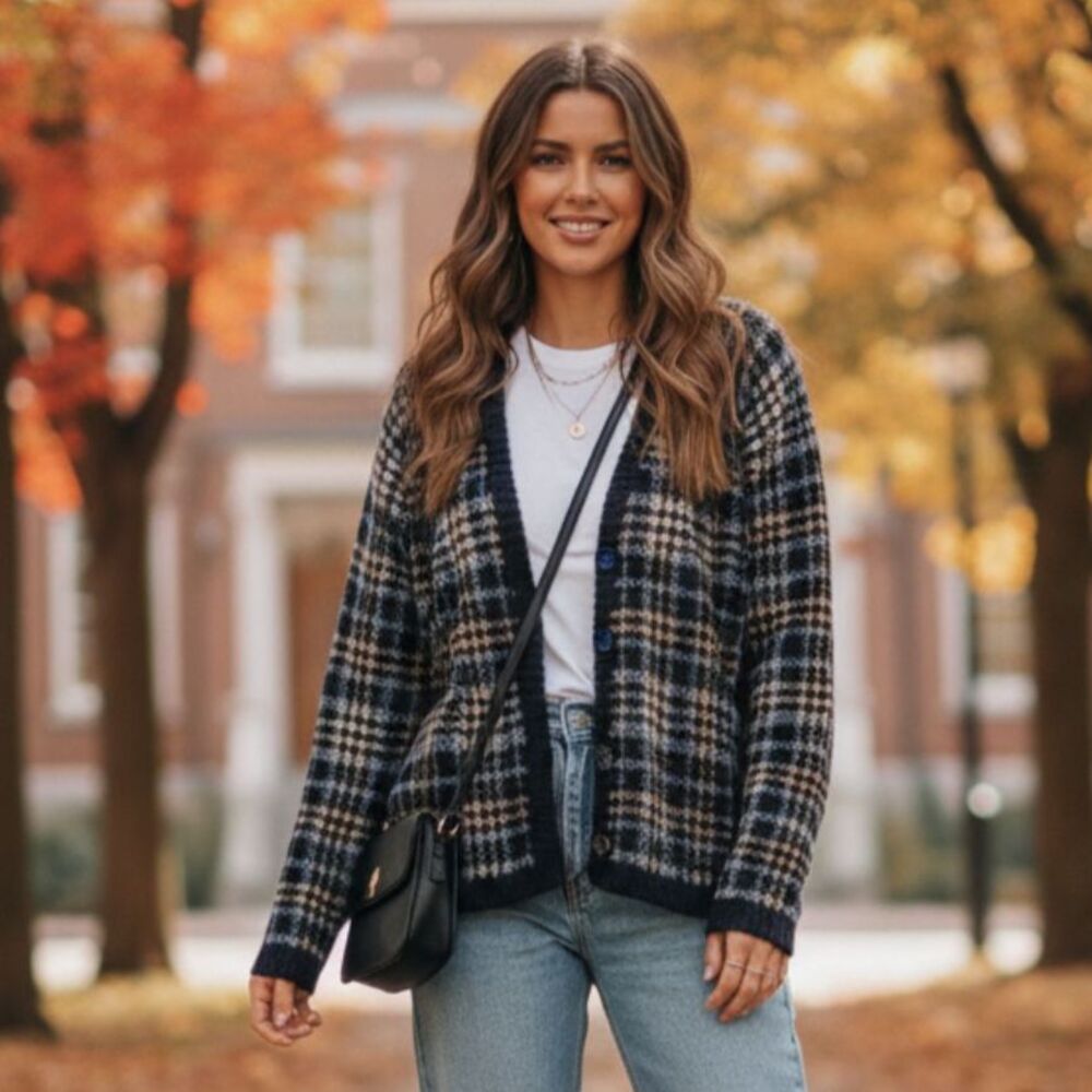Vintage Plaid Cardigan in Navy, Cream & Brown
